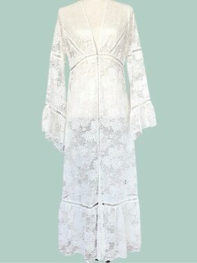 Curation Ivory Sheer Lace Heirloom Maxi S Pagoda  Sleeve Honeymoon Duster Top